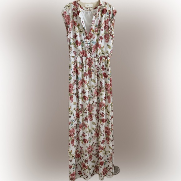 DR2 Floral Maxi Dress Size L | White Pink Rose Sleeveless Boho Summer Dress - Picture 2 of 2